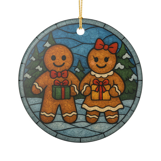 Gingerbread Couple Christmas Tree Ornament | Stained Glass Effect Ceramic Ornament | Holiday Ornament | Christmas Tree Ornament