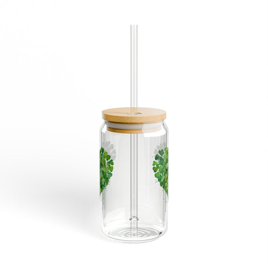Shamrock Heart Glass Can - 16oz Bamboo Lid and Straw, Glass Tumbler, Irish Clover Cup, Cute Green Drinkware Gift