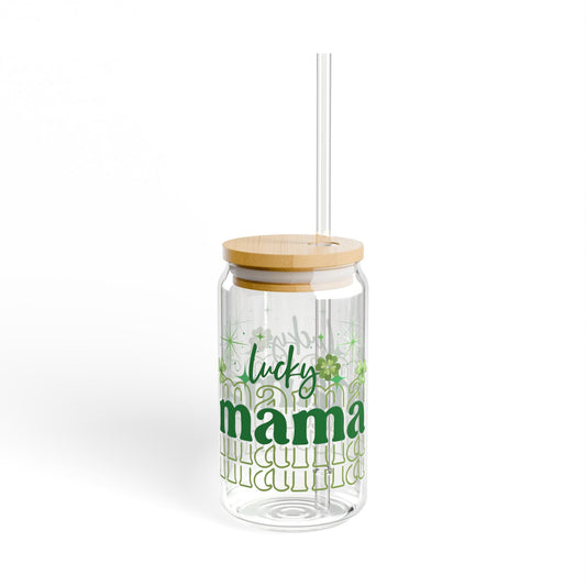 Lucky Mama Glass Can Tumbler - 16oz Iced Coffee Cup with Bamboo Lid & Straw, Green Shamrock Design, Cute Gift for Moms and Coffee Lovers