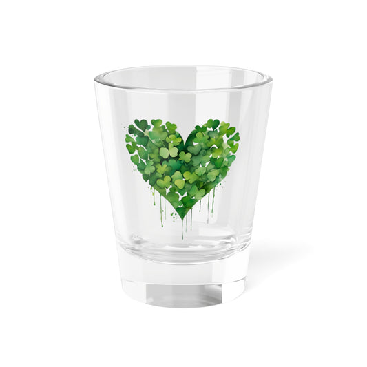 Shamrock Heart Shot Glass - 1.5oz Clear Glass with Green Clover Design, Fun Lucky Charm Whiskey Shooter & Party Favor Barware
