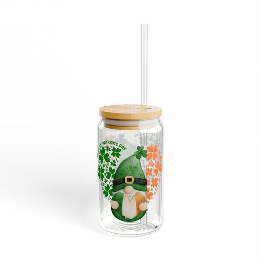 Irish Flag Gnome Glass Sipper - 16oz St. Patrick's Day Tumbler with Bamboo Lid and Straw, Shamrock Cup, Cute Irish Drinkware Gift