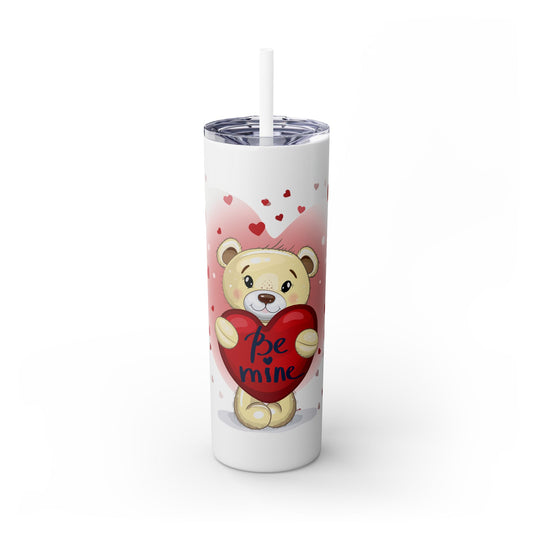 Be Mine Teddy Bear Tumbler - 20oz Stainless Steel Insulated Cup with Straw, Cute Bear Holding Red Heart, Gift for Partner or Coffee Lover