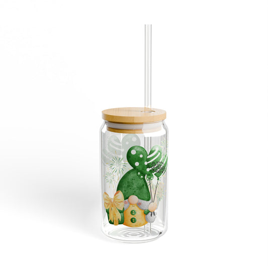 St. Patrick's Day Gnome Glass Sipper - 16oz Tumbler with Bamboo Lid and Straw, Irish Gnome Cup, Lucky Clover Drinkware, Cute Holiday Gift