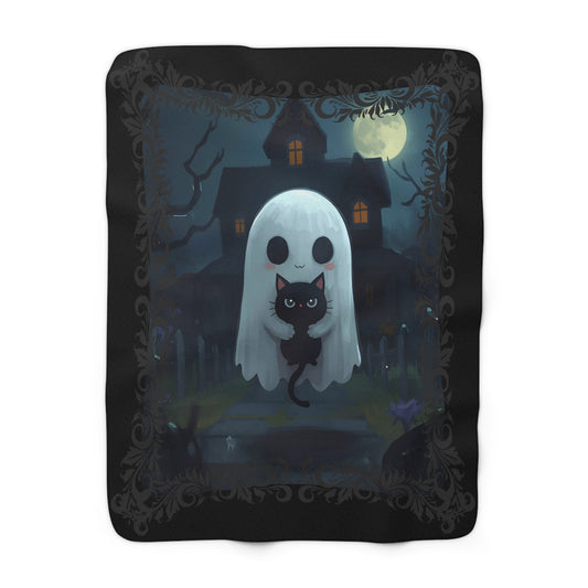 Ghost Holding Black Cat Sherpa Fleece Blanket | Halloween Haunted House Throw