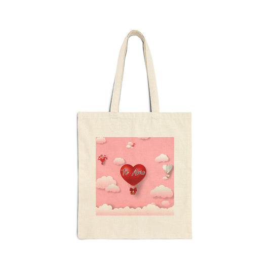 Te Amo Tote Bag - Romantic Red Heart Hot Air Balloon Design on Pink Sky, Cute Cotton Canvas Shopping Bag, Gift for Partner or Friend