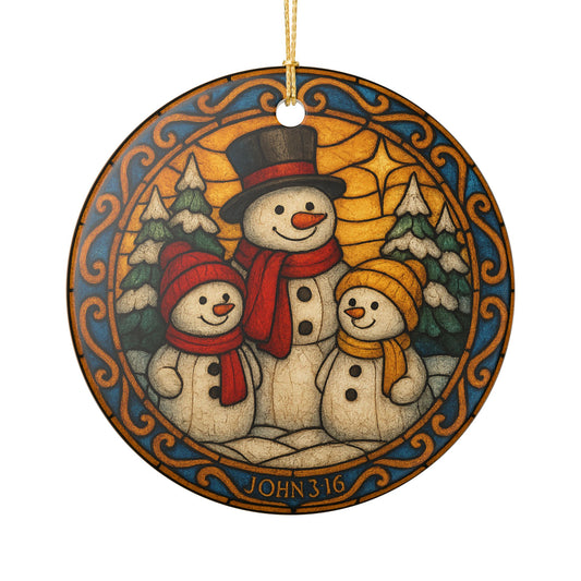Stained Glass effect Snowman Family Ornament | Ceramic round Christmas decoration | Holiday ornament | Christmas tree ornament