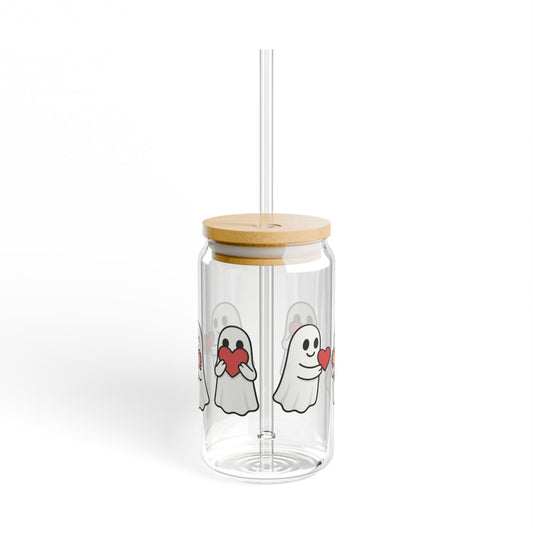 Ghosts with Hearts Clear Glass Sipper Cup - 16oz Iced Coffee Tumbler BPA Free Made in USA