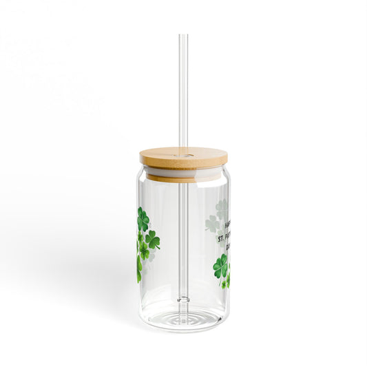 Happy St. Patrick's Day Glass Sipper - 16oz Clear Tumbler with Bamboo Lid and Straw, Clover Cup, Irish Holiday Drinkware Gift