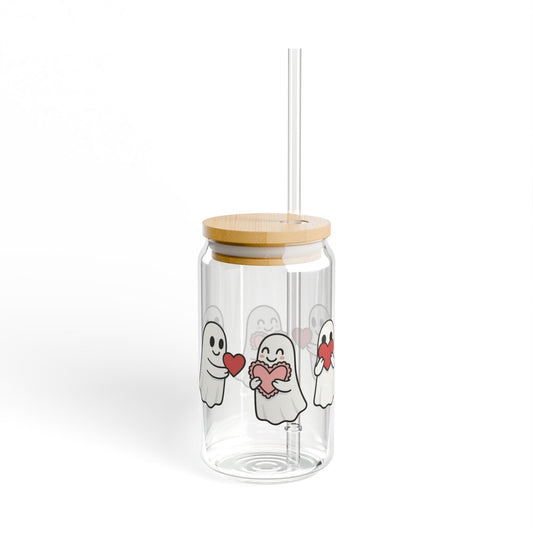 Ghosts with Hearts Clear Glass Sipper Cup - 16oz Iced Coffee Tumbler BPA Free Made in USA