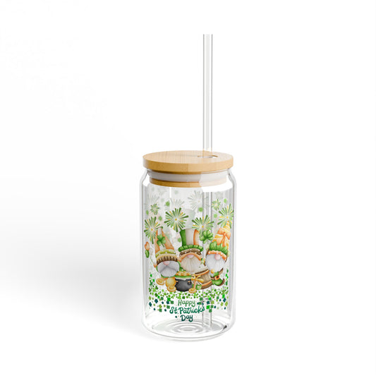 St. Patrick's Day Gnome Glass Sipper - 16oz Tumbler with Bamboo Lid and Straw, Irish Gnome Cup, Lucky Clover Drinkware, Cute Holiday Gift
