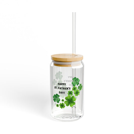 Happy St. Patrick's Day Glass Sipper - 16oz Clear Tumbler with Bamboo Lid and Straw, Clover Cup, Irish Holiday Drinkware Gift