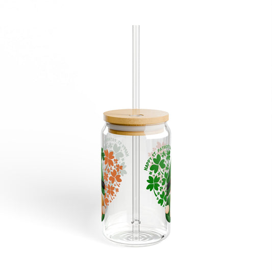 Irish Flag Gnome Glass Sipper - 16oz St. Patrick's Day Tumbler with Bamboo Lid and Straw, Shamrock Cup, Cute Irish Drinkware Gift