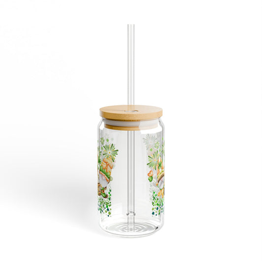 St. Patrick's Day Gnome Glass Sipper - 16oz Tumbler with Bamboo Lid and Straw, Irish Gnome Cup, Lucky Clover Drinkware, Cute Holiday Gift