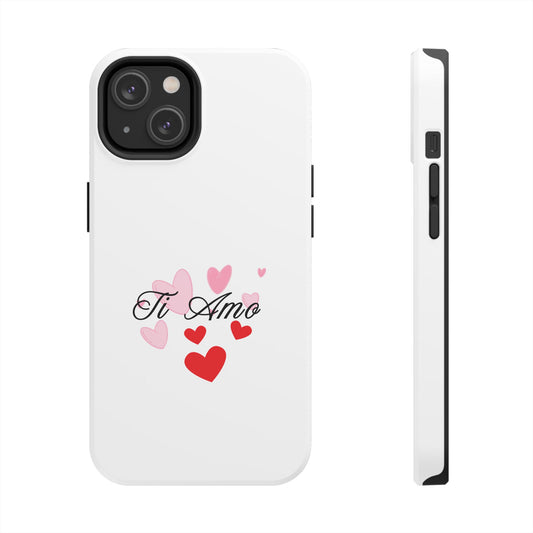 White Hard Shell iPhone Case with ‘Ti Amo’ Script and Pink & Red Heart Design - Valentine's Day