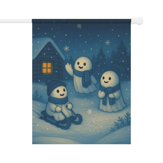 Ghosts Playing in the Snow Garden Flag, Winter Yard Flag, Cute Ghost Outdoor Banner, Cozy Ghost Lawn Decor, Whimsical Winter Flag