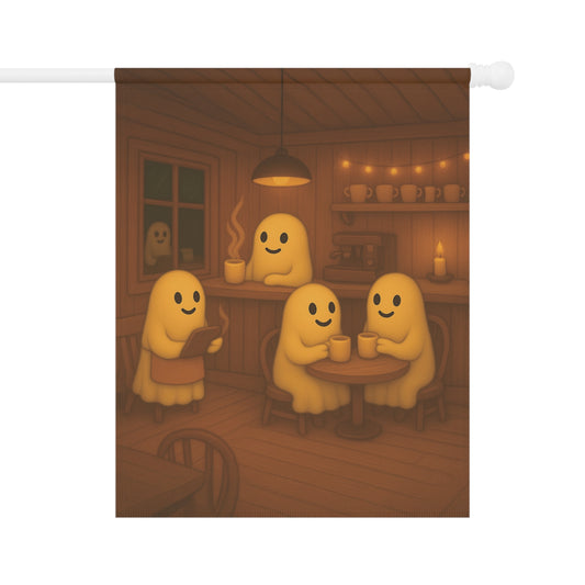 Cozy Ghost Tea House Yard Flag, Cute Ghost Yard Flag, Fall Outdoor Banner, Whimsical Ghost Decor, Autumn Ghost Flag