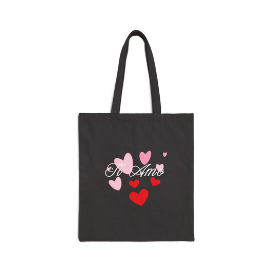 Cotton Canvas Tote Bag - Red Pink Hearts Ti Amo Italian Love Romantic Shoulder Handbag, Grocery Bag, Gift Bag, Shopping Tote, Reusable