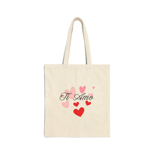 Cotton Canvas Tote Bag - Red Pink Hearts Ti Amo Italian Love Romantic Shoulder Handbag, Grocery Bag, Gift Bag, Shopping Tote, Reusable