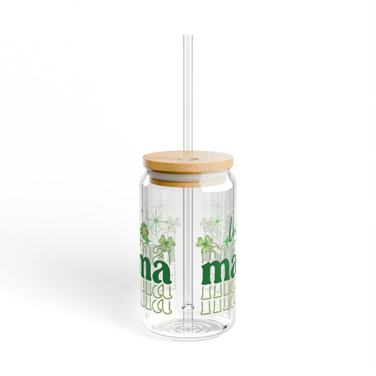 Lucky Mama Glass Can Tumbler - 16oz Iced Coffee Cup with Bamboo Lid & Straw, Green Shamrock Design, Cute Gift for Moms and Coffee Lovers