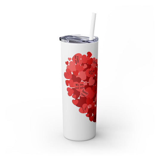 Red Hearts Words Tumbler - 20oz Stainless Steel Insulated Cup with Straw, Romantic Love Phrases Design, Gift for Partner or Coffee Lover