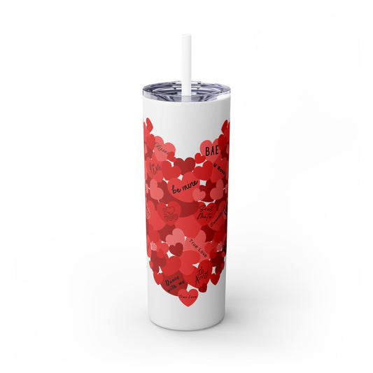 Red Hearts Words Tumbler - 20oz Stainless Steel Insulated Cup with Straw, Romantic Love Phrases Design, Gift for Partner or Coffee Lover
