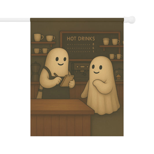 Ghost Barista Garden Flag, Fall Garden Flag, Halloween Garden Flag, Halloween Lawn Flag, Cute Yard Banner