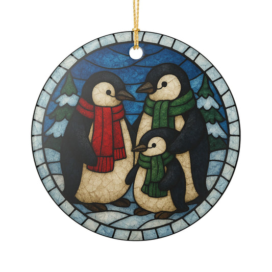 Penguin Family Christmas Tree Ornament | Stained-Glass effect Ceramic Ornament | Cute Holiday Ornament | Christmas Tree Ornament
