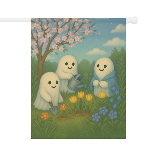 Ghost Gardening Garden Flag, Spring Ghost Yard Flag, Whimsical Ghost Outdoor Banner, Cute Garden Decor, Cozy Springween Flag