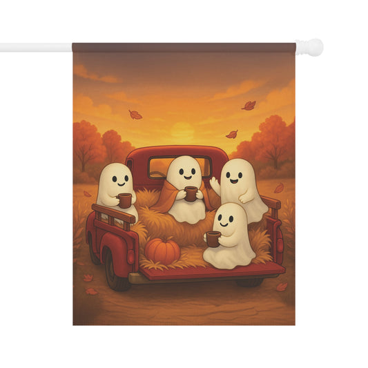 Ghost Hayride with Cocoa Garden Flag, Fall Garden Flag, Autumn Garden Flag, Pumpkin Patch Lawn Flag, Cute Yard Banner