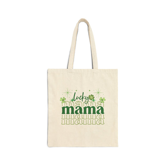 Cute Tote Bag, with an image of 4-leaf clovers with 'Lucky Mama' on it, Gift for Her, fun Canvas Handbag, Eco-Friendly Shopping Bag