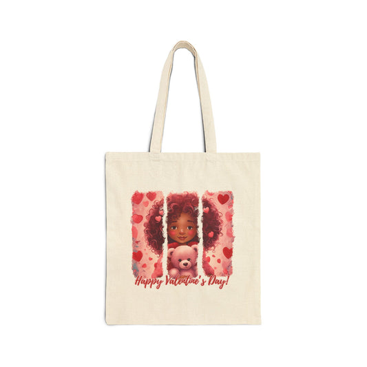 Valentine's Day Tote Bag, Romantic Canvas Handbag, Eco-Friendly Shopping Bag, Gift for Her, Girl holding Bear, Cotton Canvas Tote Bag