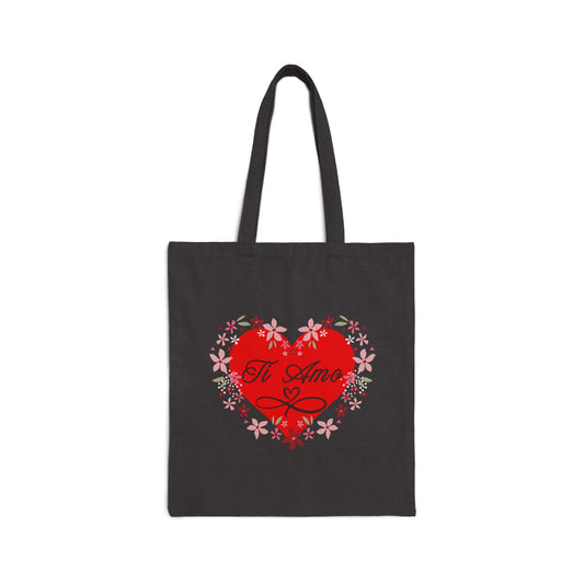 Heart Flower Ti Amo Canvas Tote Bag, Romantic Gift, Eco-Friendly Shopping Bag, Reusable Grocery Bag, Cute Shoulder Bag