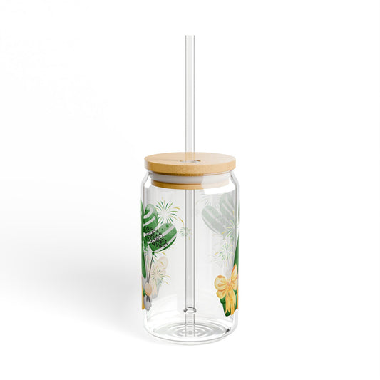 St. Patrick's Day Gnome Glass Sipper - 16oz Tumbler with Bamboo Lid and Straw, Irish Gnome Cup, Lucky Clover Drinkware, Cute Holiday Gift