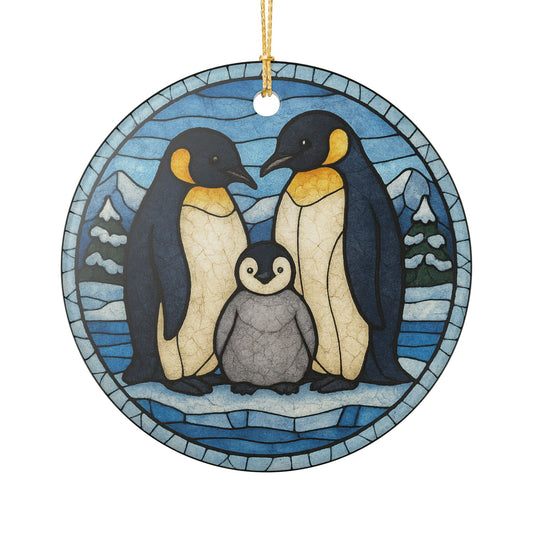 Penguin Family Christmas Tree Ornament | Stained Glass Effect | Ceramic Ornament | Holiday Ornament | Christmas Tree Ornament