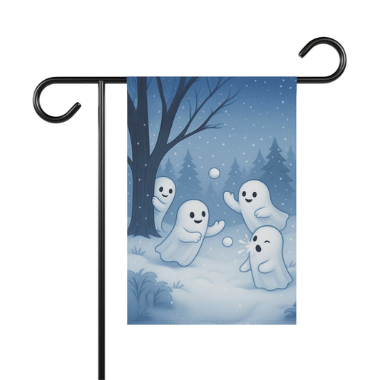 Ghost Snowball Fight Garden Flag, Winter Yard Flag, Cute Ghost Outdoor Banner, Cozy Ghost Lawn Decor, Whimsical Winter Flag
