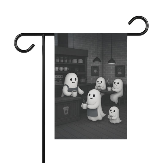Cute Ghost Coffee Shop Garden Flag, Fall Garden Flag, Halloween Garden Flag, Spooky Home Banner, Halloween Lawn Flag, Yard