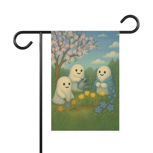 Ghost Gardening Garden Flag, Spring Ghost Yard Flag, Whimsical Ghost Outdoor Banner, Cute Garden Decor, Cozy Springween Flag