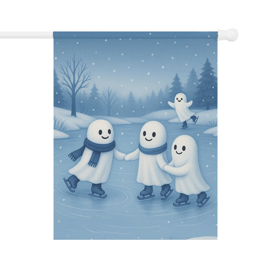 Ghosts Ice Skating Garden Flag, Winter Yard Flag, Cute Ghost Outdoor Banner, Cozy Ghost Lawn Decor, Whimsical Winter Flag