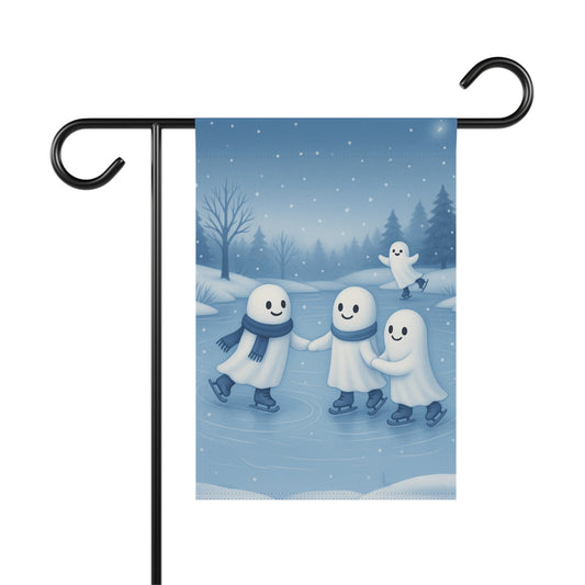 Ghosts Ice Skating Garden Flag, Winter Yard Flag, Cute Ghost Outdoor Banner, Cozy Ghost Lawn Decor, Whimsical Winter Flag