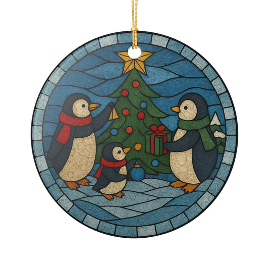 Penguin Family Tree Ornament | Stained Glass effect Penguin family Ceramic Ornament | Holiday Ornament | Christmas Ornament