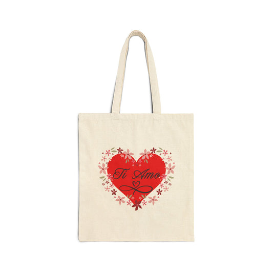 Heart Flower Ti Amo Canvas Tote Bag, Romantic Gift, Eco-Friendly Shopping Bag, Reusable Grocery Bag, Cute Shoulder Bag