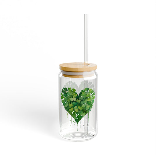 Shamrock Heart Glass Can - 16oz Bamboo Lid and Straw, Glass Tumbler, Irish Clover Cup, Cute Green Drinkware Gift