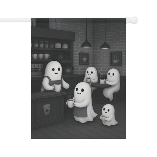 Cute Ghost Coffee Shop Garden Flag, Fall Garden Flag, Halloween Garden Flag, Spooky Home Banner, Halloween Lawn Flag, Yard