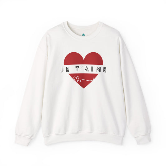 Je T'aime Heart Sweatshirt - Romantic French Love Pullover, White Crewneck with Red Heart Design, Cute Gift for Partner or Spouse