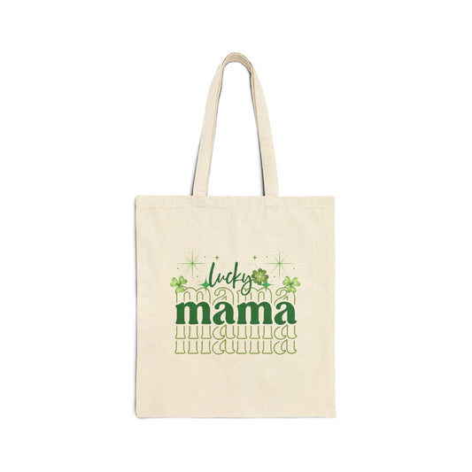 Cute Tote Bag, with an image of 4-leaf clovers with 'Lucky Mama' on it, Gift for Her, fun Canvas Handbag, Eco-Friendly Shopping Bag