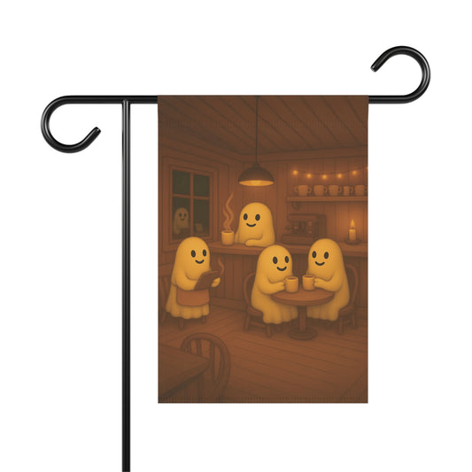 Cozy Ghost Tea House Yard Flag, Cute Ghost Yard Flag, Fall Outdoor Banner, Whimsical Ghost Decor, Autumn Ghost Flag