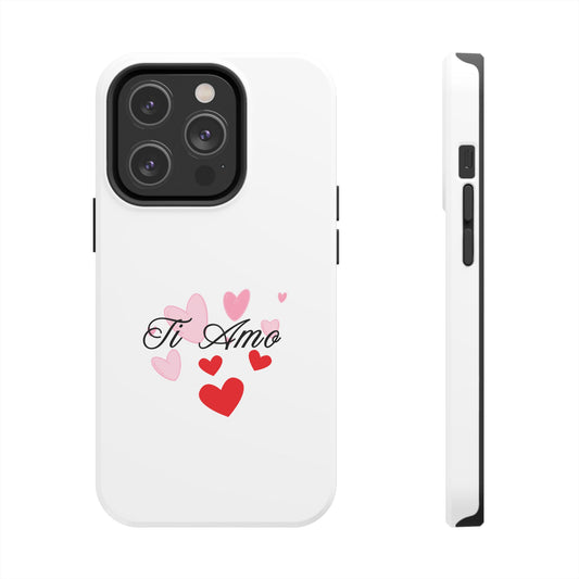 White Hard Shell iPhone Case with ‘Ti Amo’ Script and Pink & Red Heart Design - Valentine's Day