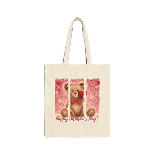 Valentine's Day Tote Bag, Bear holding Red Heart, Gift for Her, Romantic Canvas Handbag, Eco-Friendly Shopping Bag