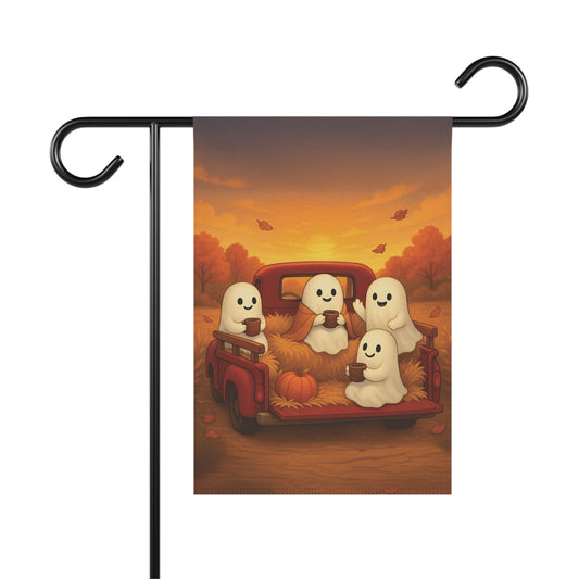 Ghost Hayride with Cocoa Garden Flag, Fall Garden Flag, Autumn Garden Flag, Pumpkin Patch Lawn Flag, Cute Yard Banner