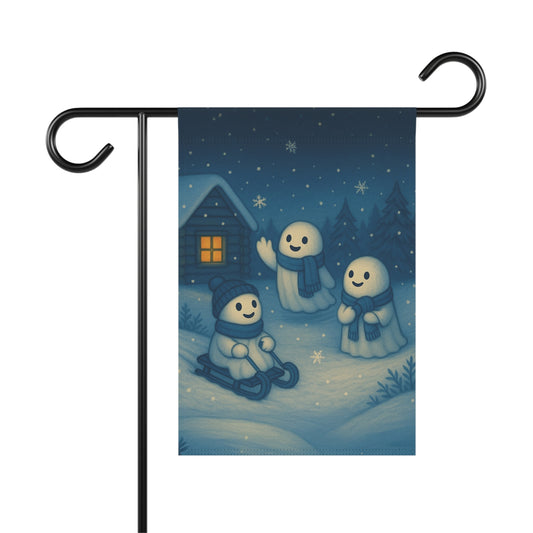 Ghosts Playing in the Snow Garden Flag, Winter Yard Flag, Cute Ghost Outdoor Banner, Cozy Ghost Lawn Decor, Whimsical Winter Flag
